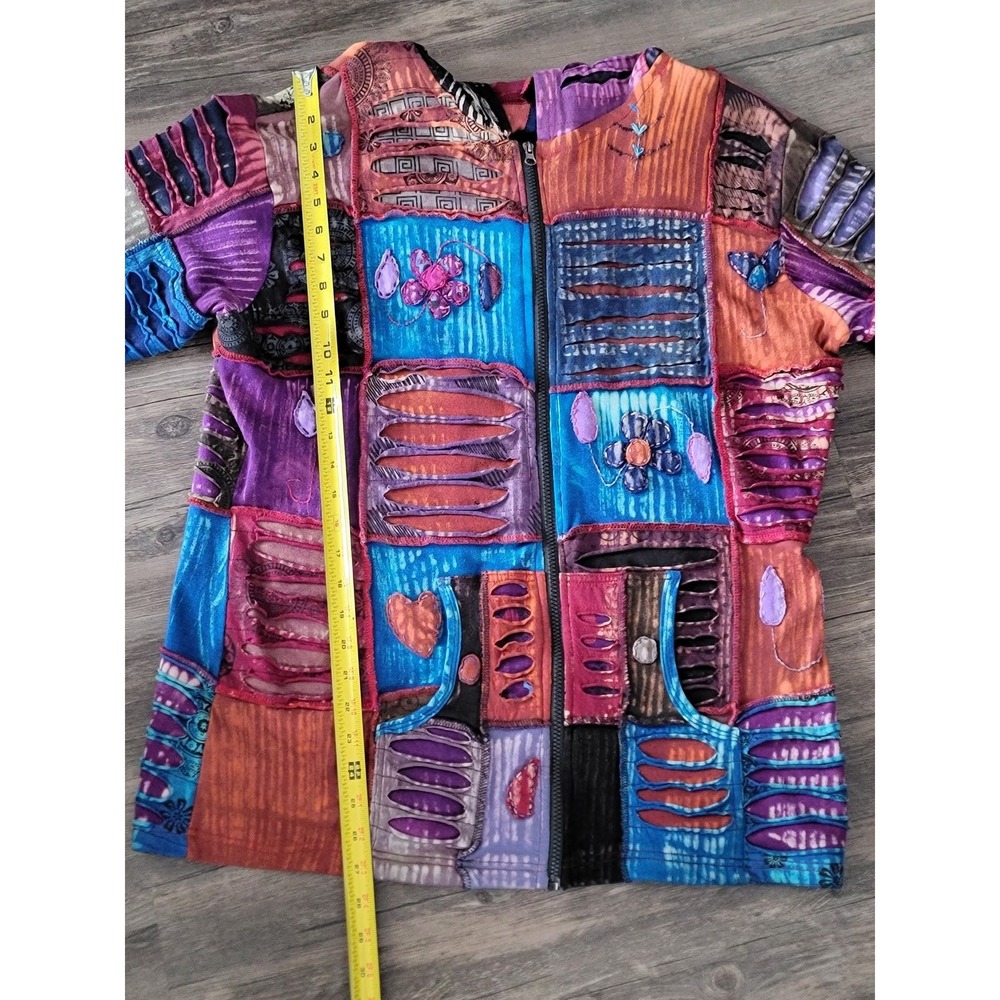 Handmade Nepal Patchwork Razor Cut Hoodie Jacket Multicolor Boho XL Cotton - Picture 7 of 9